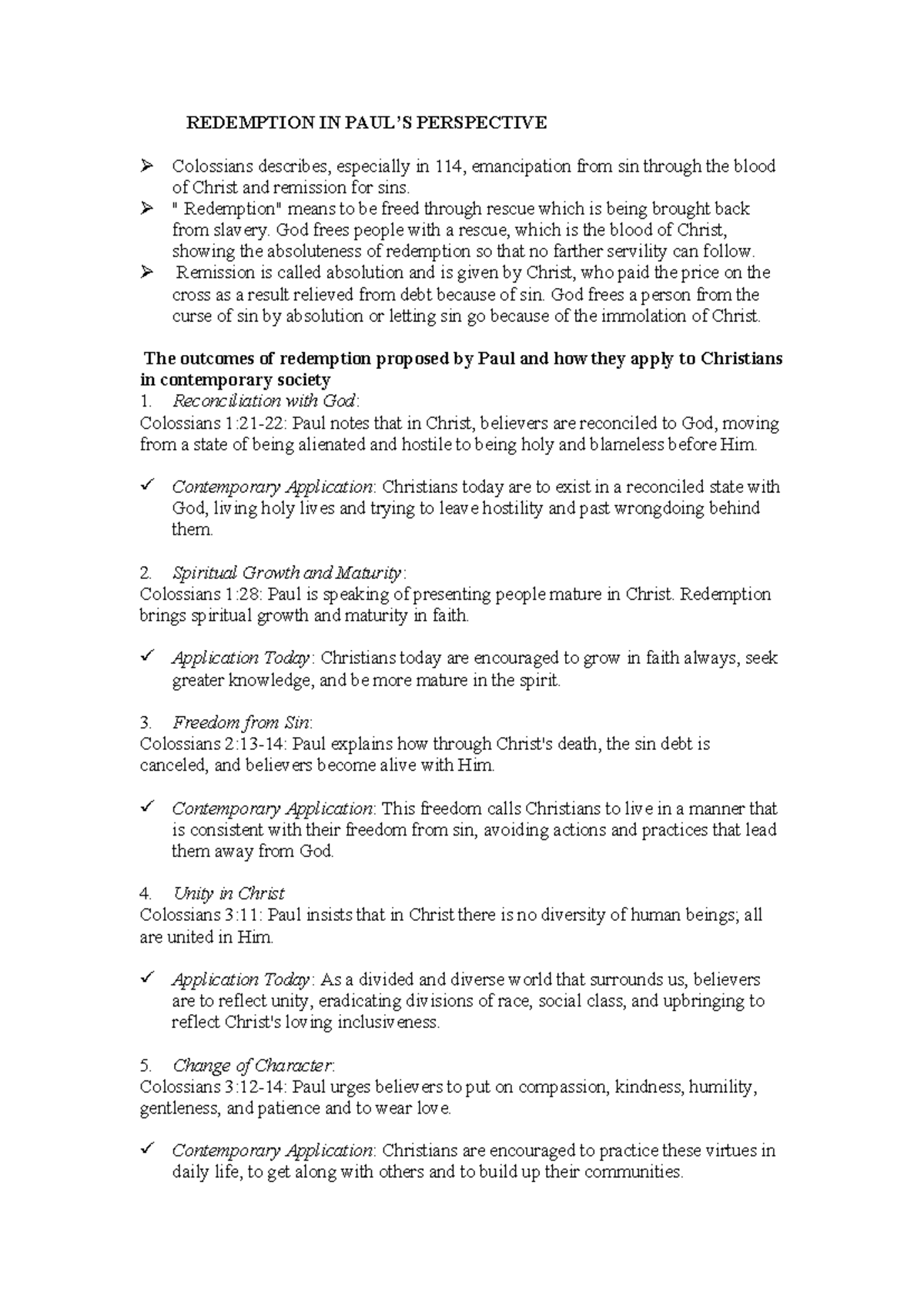 Redemption in Colossians: Insights and Applications for Today - Studocu