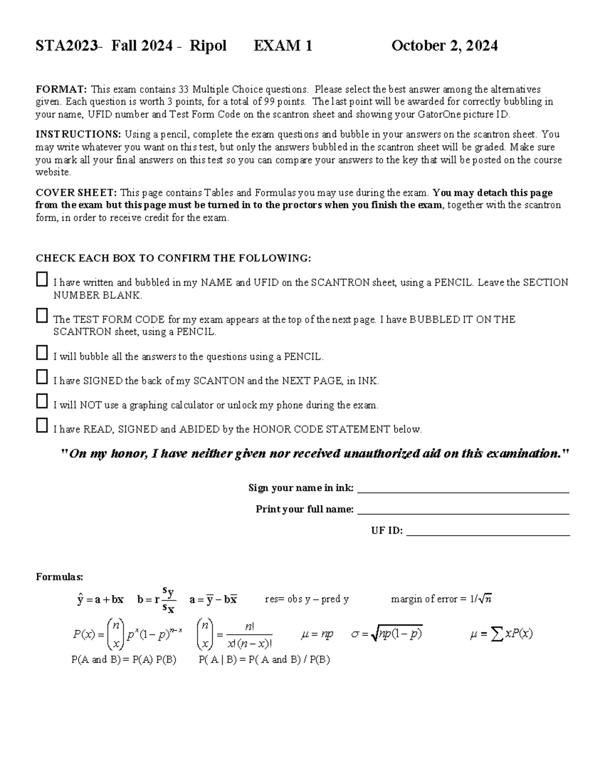 STA2023 - Fall 2024 - Exam 1 Review Questions & Scoring Guide - Studocu