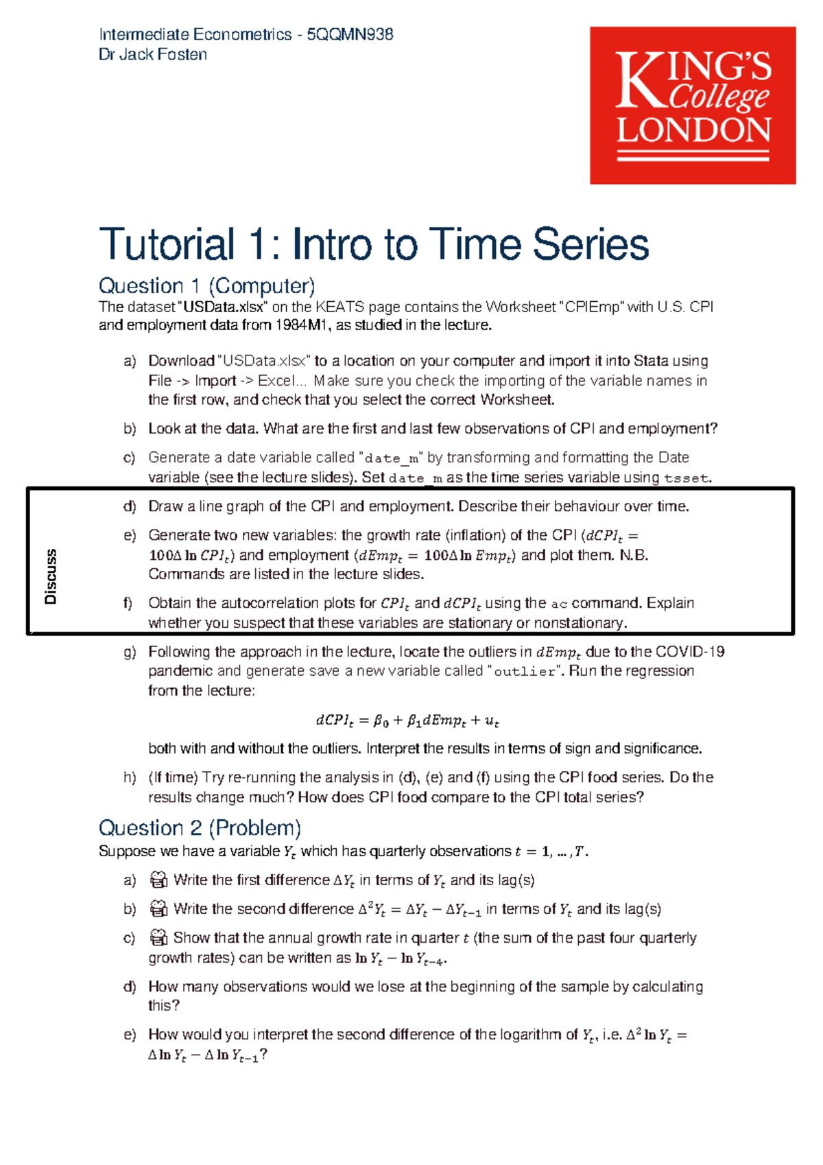 5QQMN938 - Tutorial 1 - Time Series Analysis Questions - Studocu