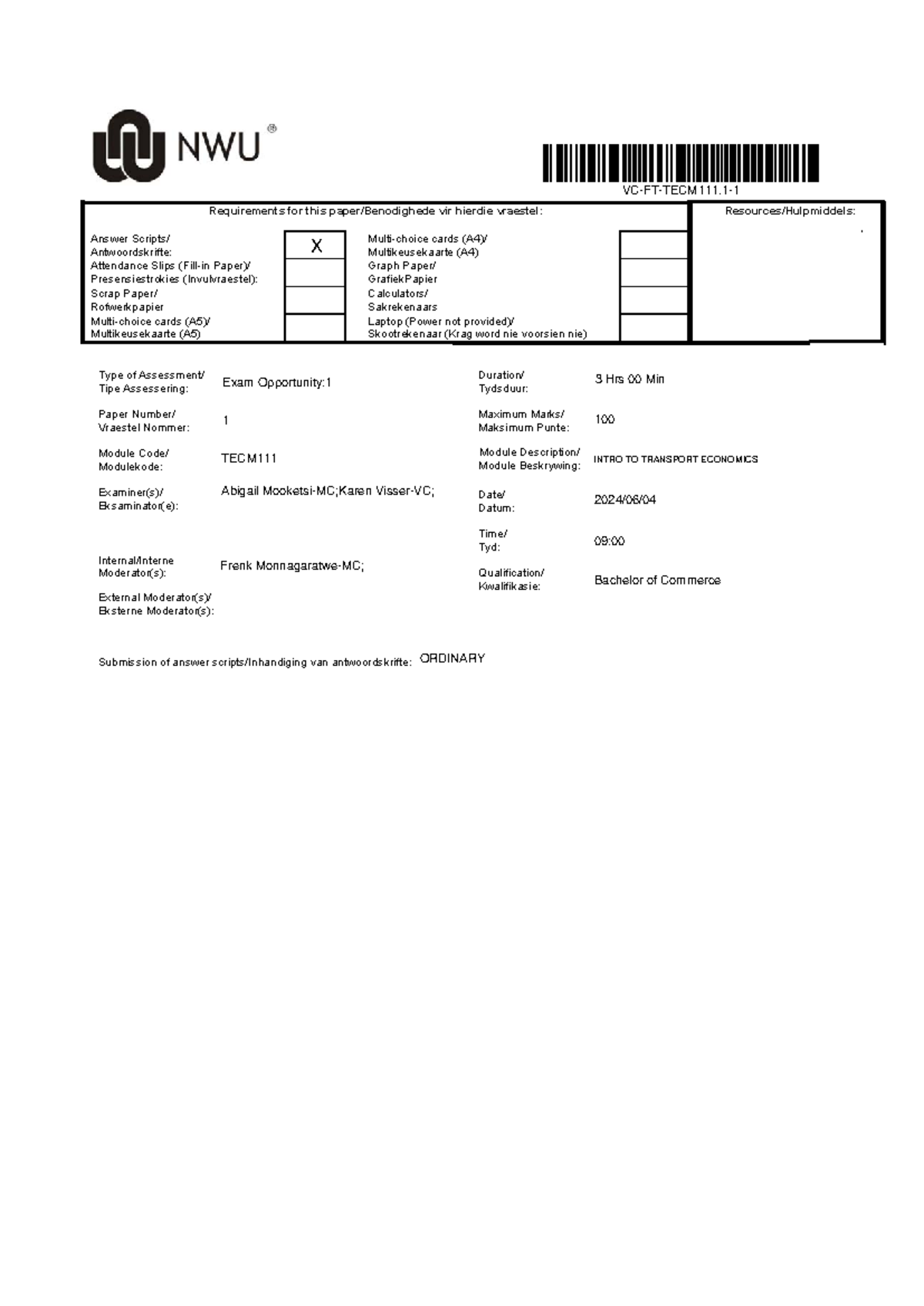 TECM111 VC Paper 1 Guidelines for Assessment - June 2024 - Studocu