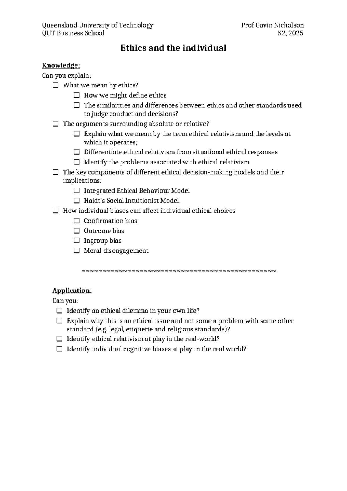 QUT Business School S2, 2025 Ethics & Individual Knowledge Checklist ...