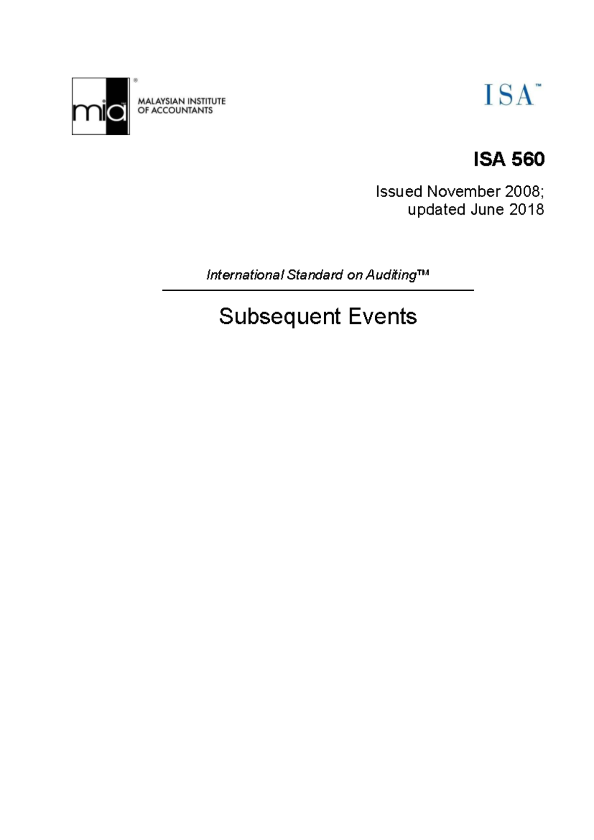 ISA 560: International Standard on Subsequent Events (Updated June 2018 ...