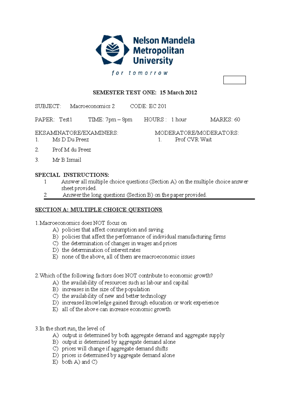 EC 201: Macroeconomics Test 1 - March 2012 Exam Paper Insights - Studocu