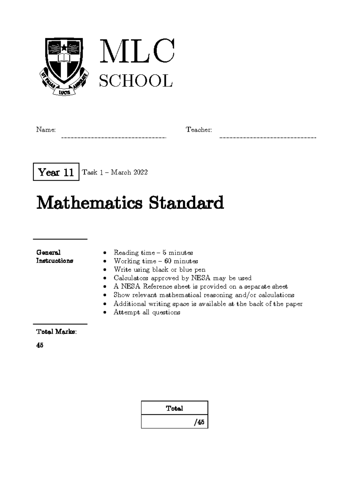 2022 Year 11 Mathematics Standard Task 1 Exam Paper - Studocu