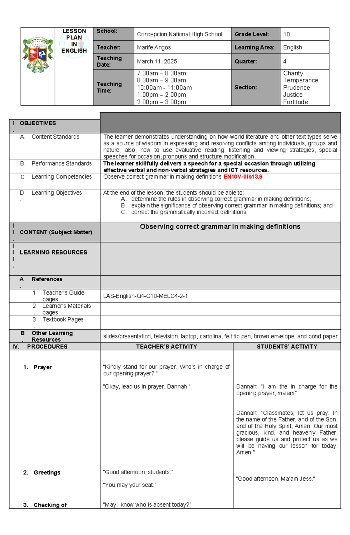Observe correct definitions - LESSON PLAN IN ENGLISH School: Concepcion ...