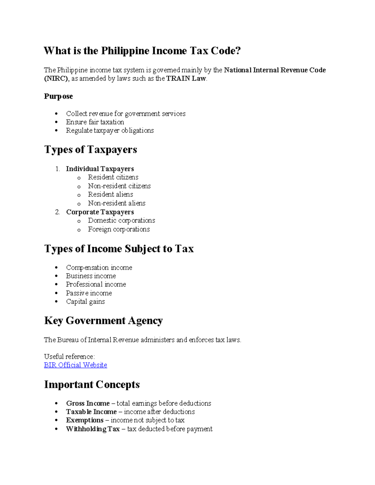 Tax 1 - Philippine Income Tax Code Overview and Key Concepts - Studocu