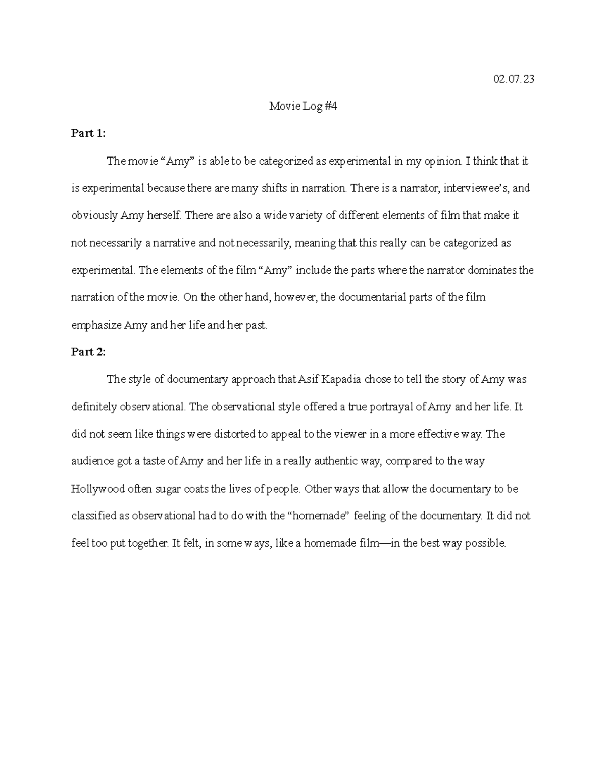 TFM160 Movie Log #4 - 02. Movie Log # Part 1: The movie “Amy” is able ...