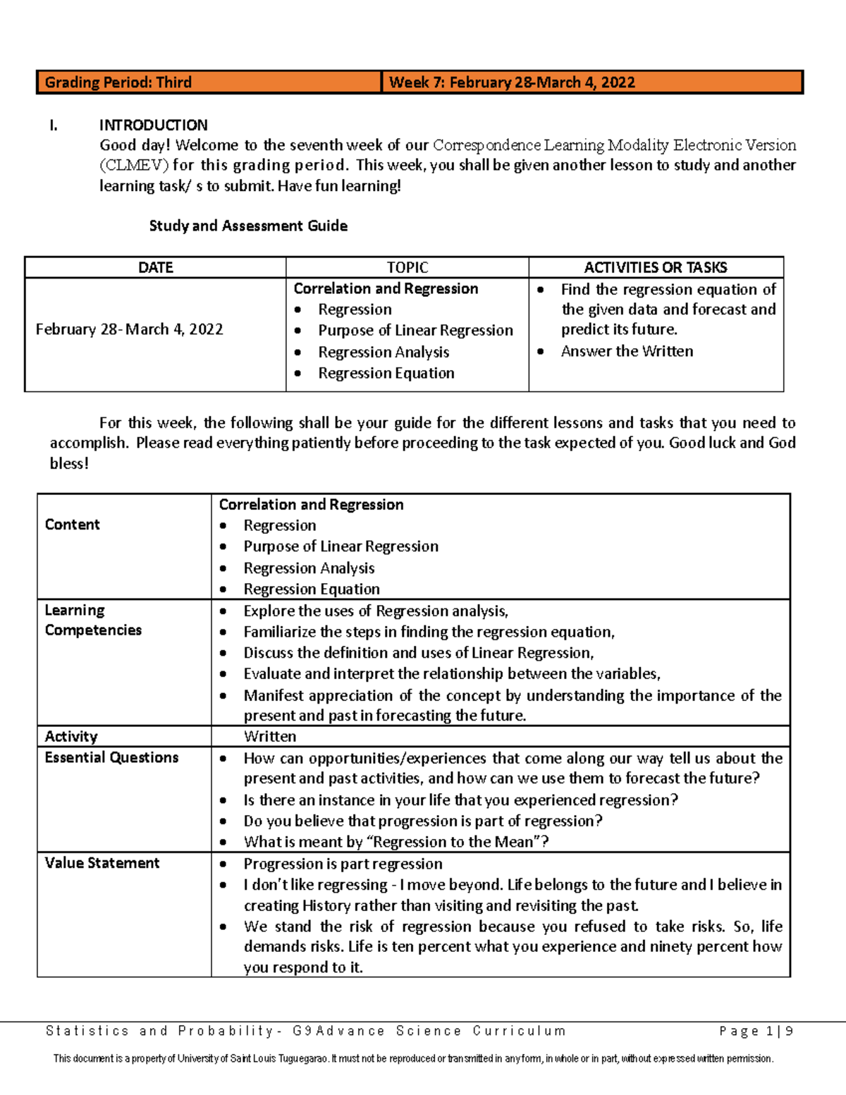 WEEK 7 Grade 9 Advance Science 1 Statistics - S t a t i s t i c s a n d ...
