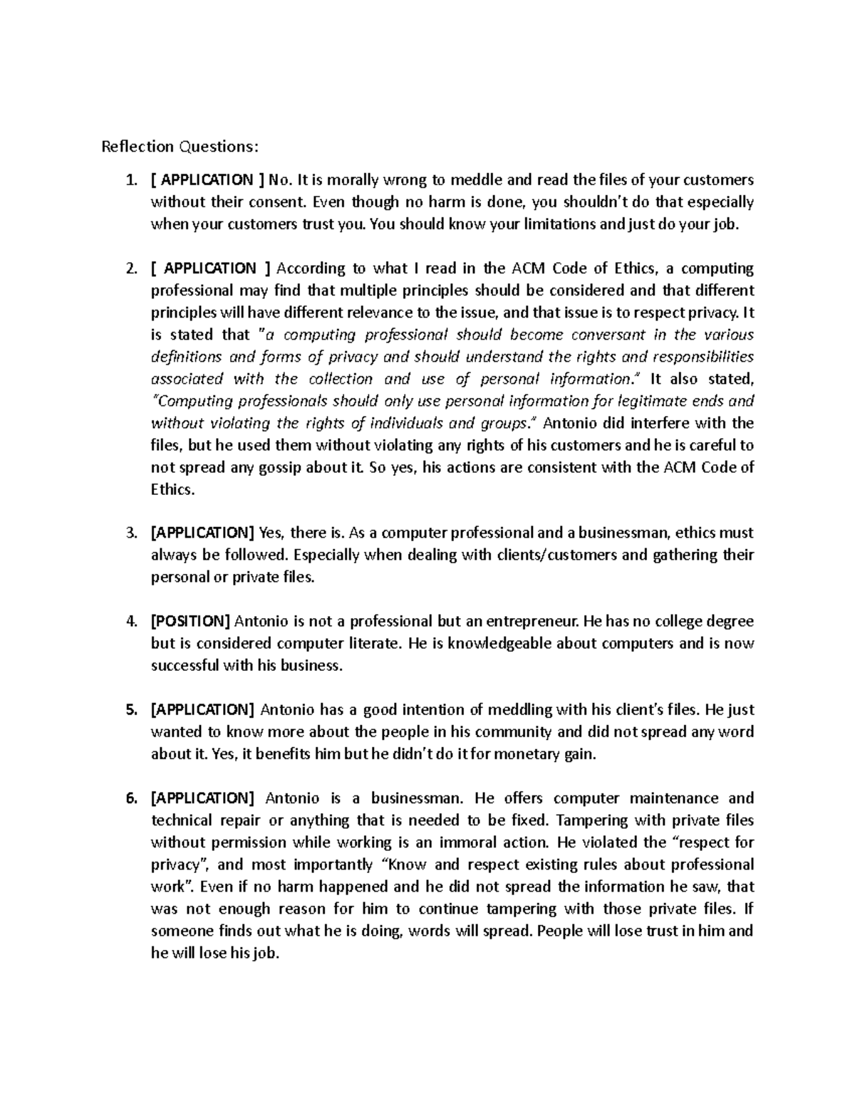 Going to Business - Reflection Questions: [ APPLICATION ] No. It is ...