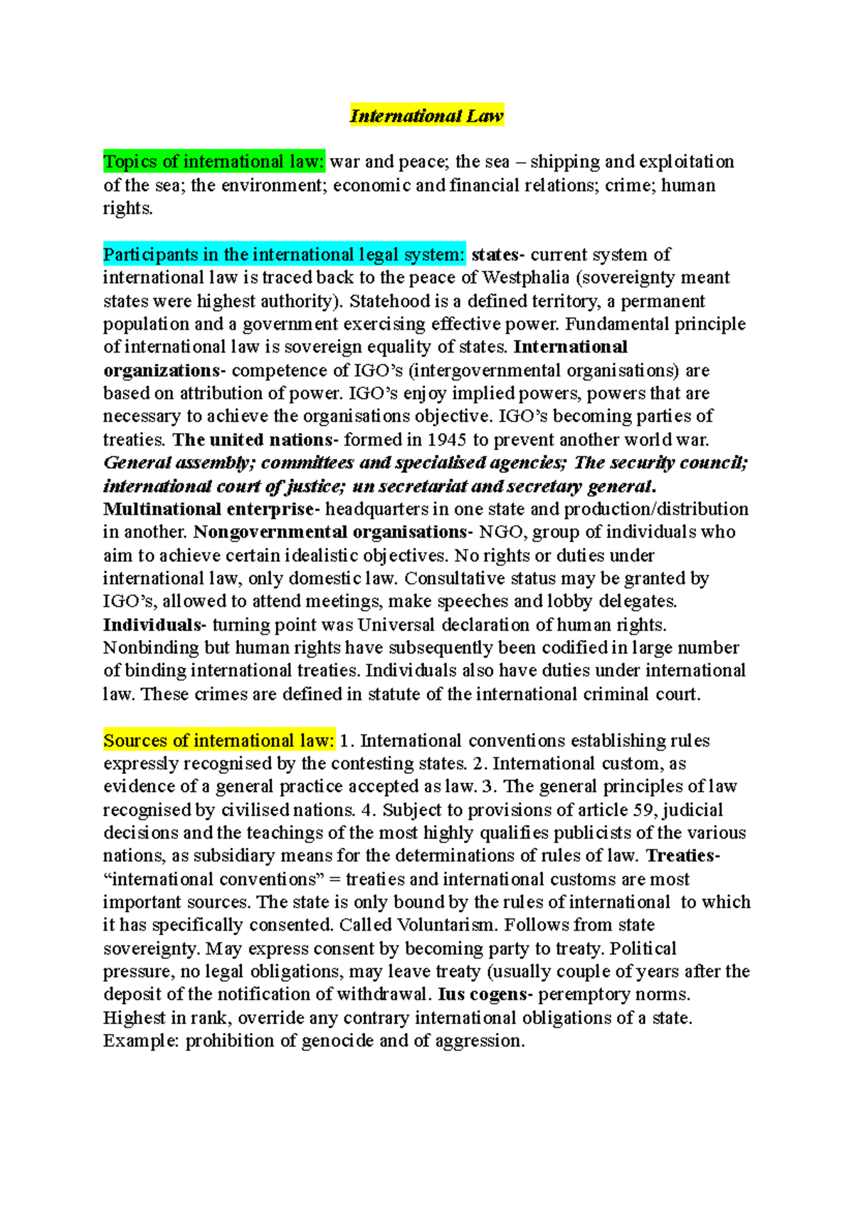 International Law - Summary of Key Concepts and Principles - Studeersnel