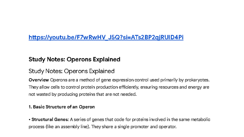 Study Notes: Operons Explained for Biology 101 - Studocu