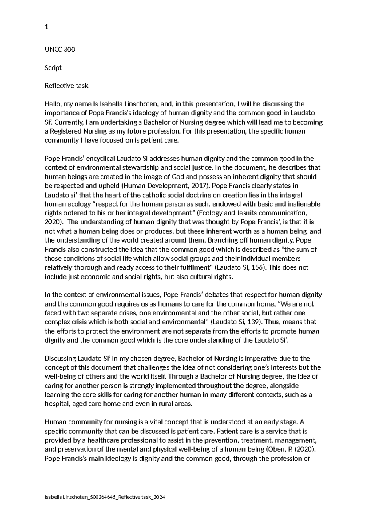 UNCC 300 - assessment 1 task - 1 UNCC 300 Script Reflective task Hello ...