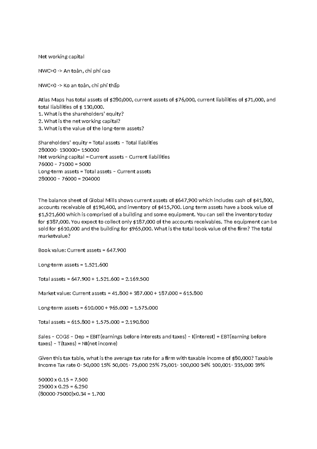 Net Working Capital Analysis and Financial Calculations - NWC - Studocu