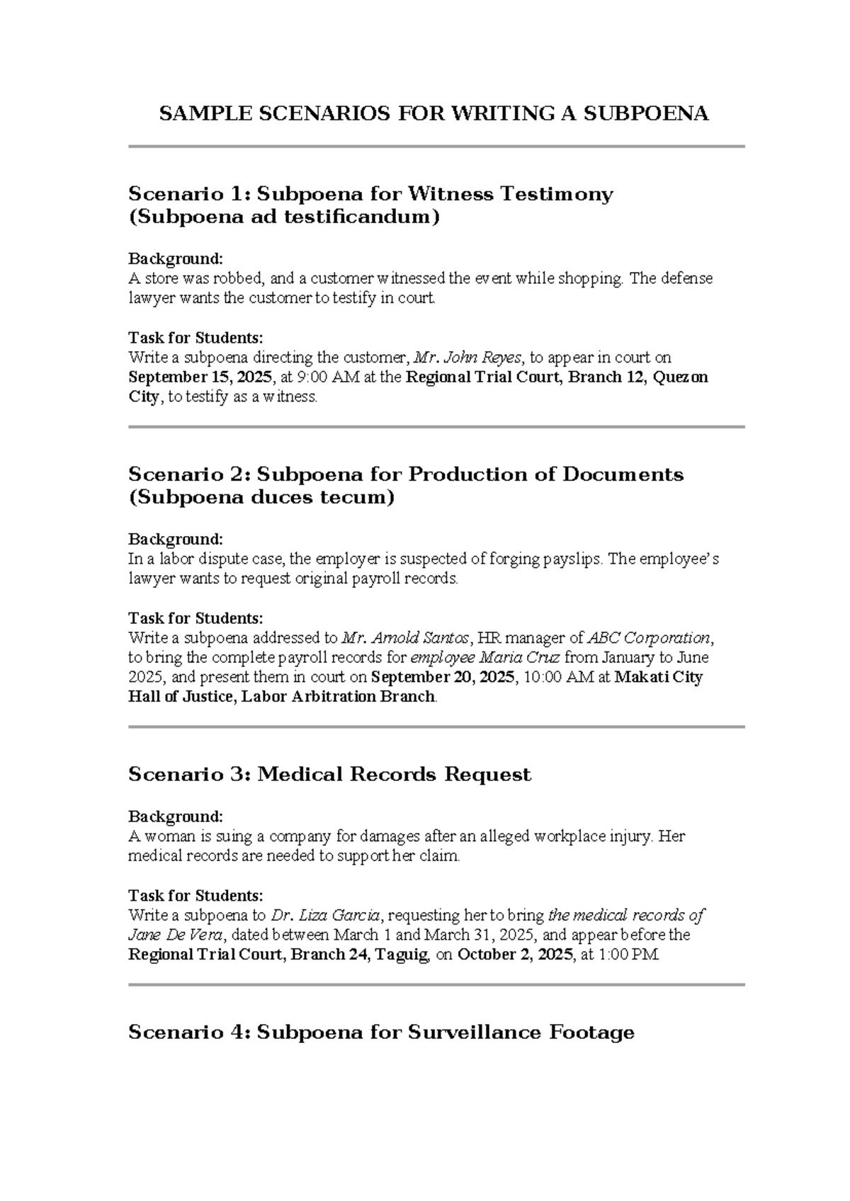 SAMPLE SCENARIOS FOR WRITING SUBPOENAS: A STUDY GUIDE - Studocu