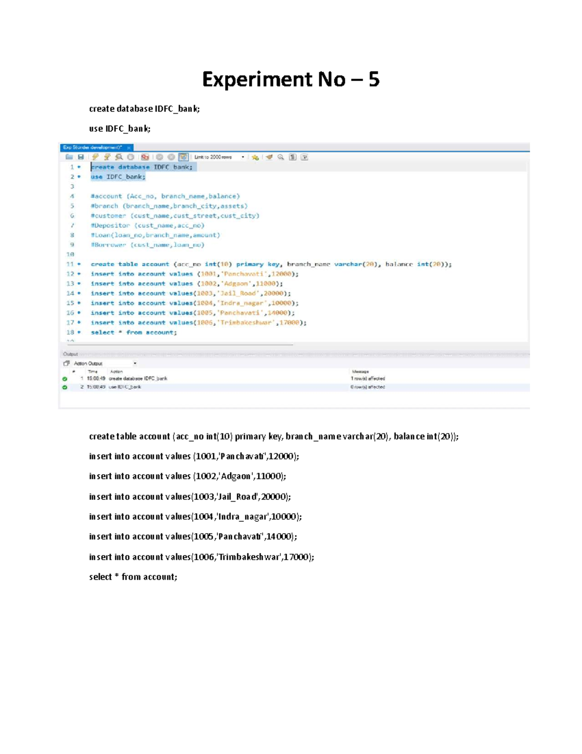 Experiment No 5: Database Creation and Table Management - Studocu