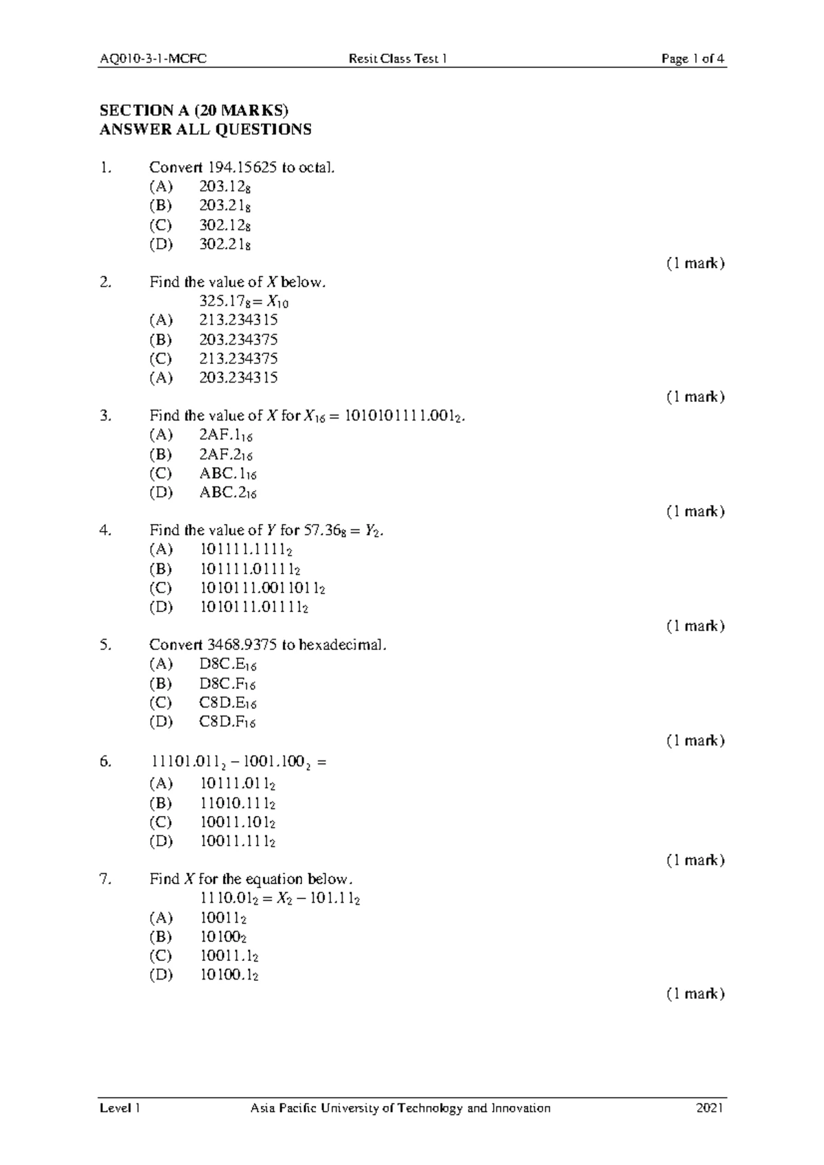 AQ010 - Class Test 1 Model Paper on Number Systems and Conversions ...