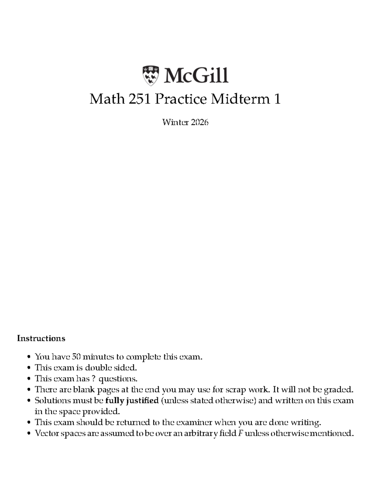 Math 251 Practice Midterm 1 Winter 2026 Exam Instructions - Studocu