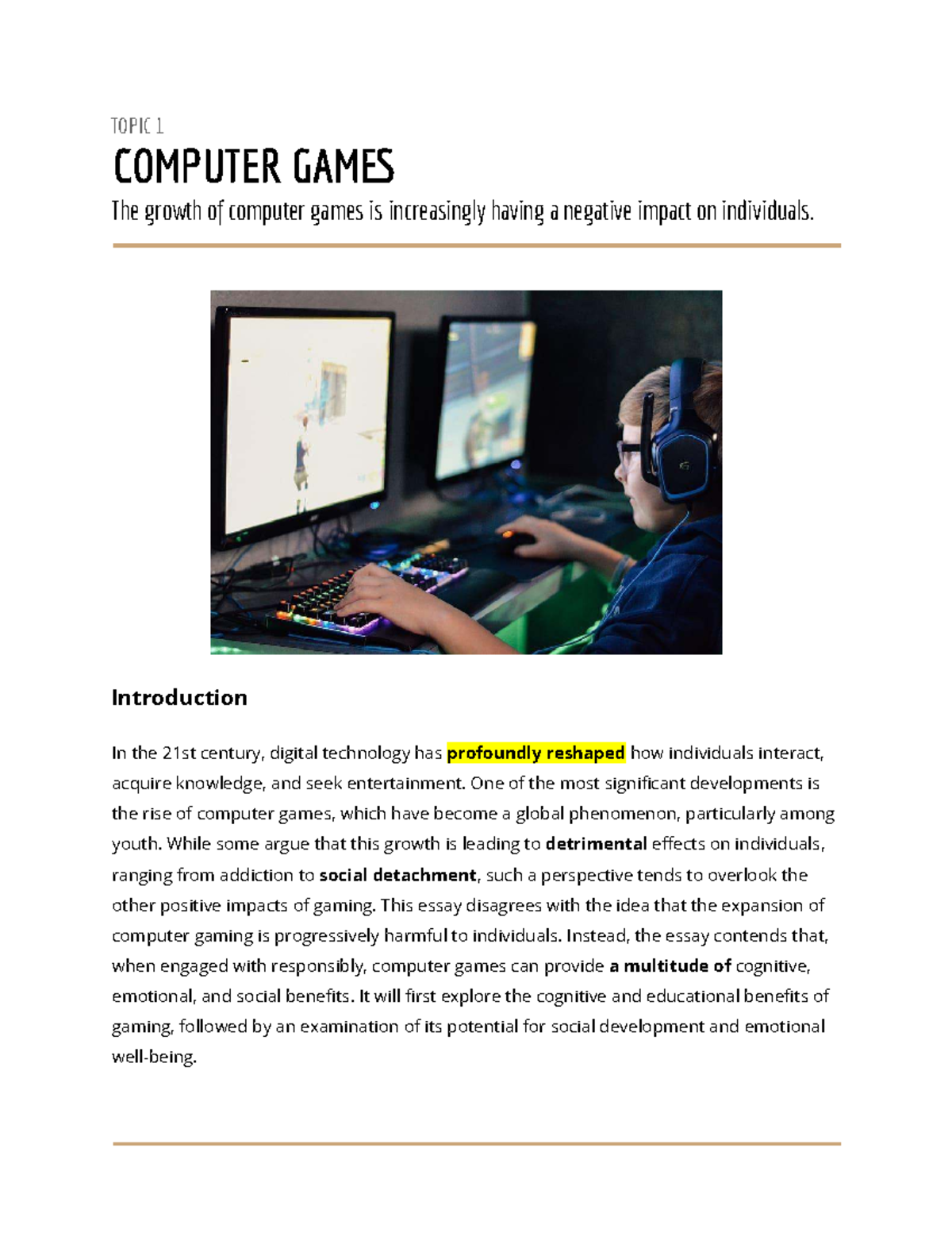 Final Exam: The Impact of Computer Games on Society - Studocu