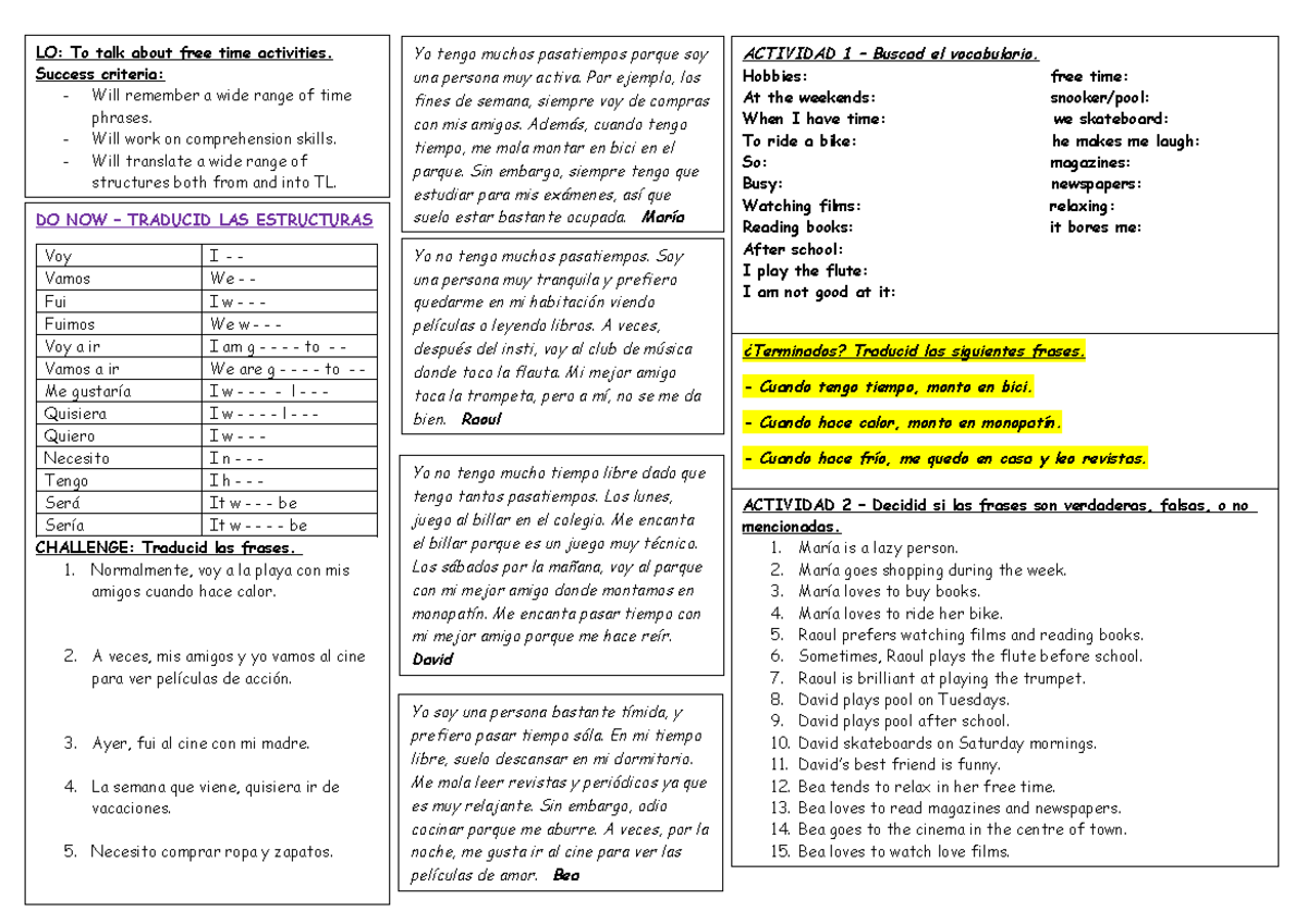 AT1 - Lesson 1 - Free time hobbies - Msssmsm LO: To talk about free ...