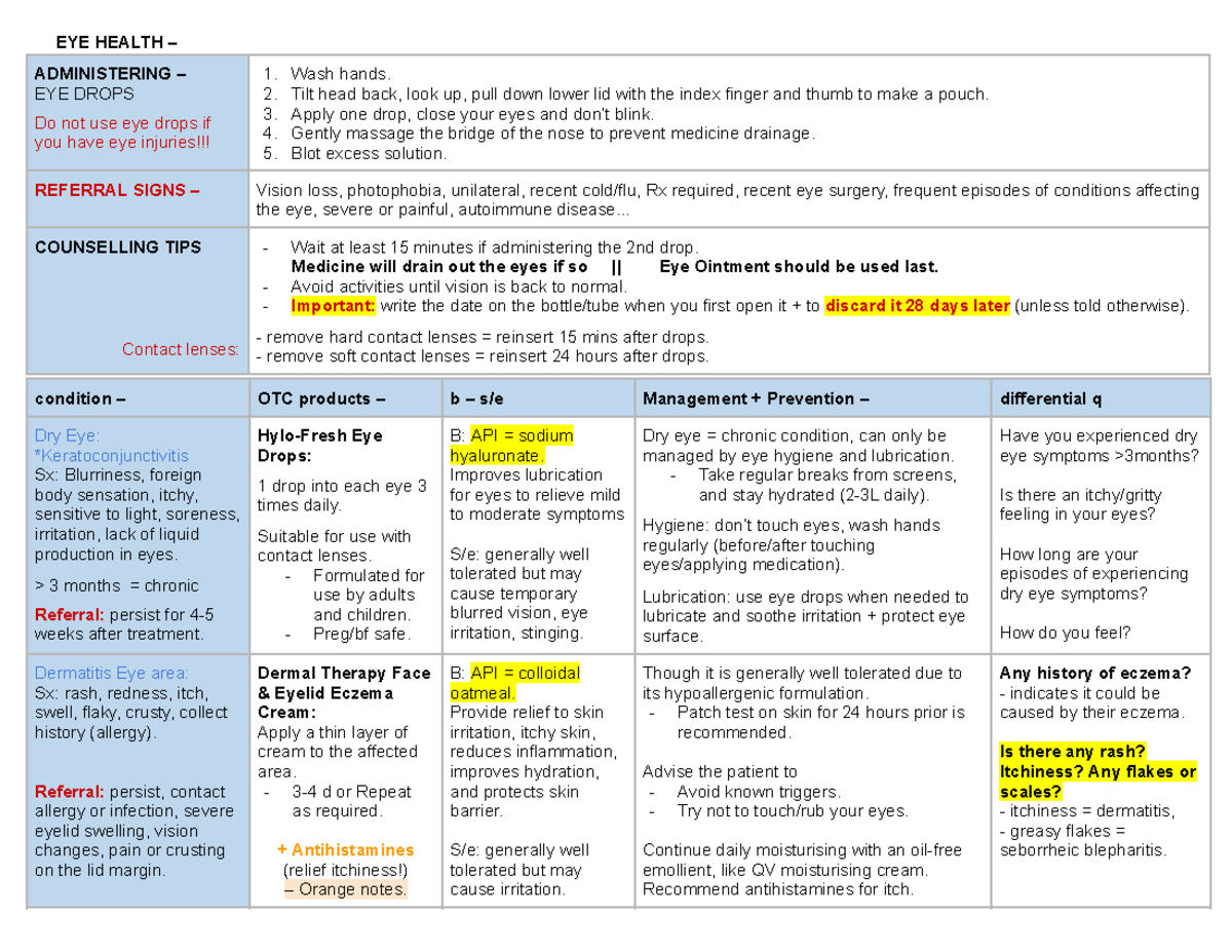 ORAL EXAM NOTES: Eye Conditions and Eye Drop Administration - Studocu