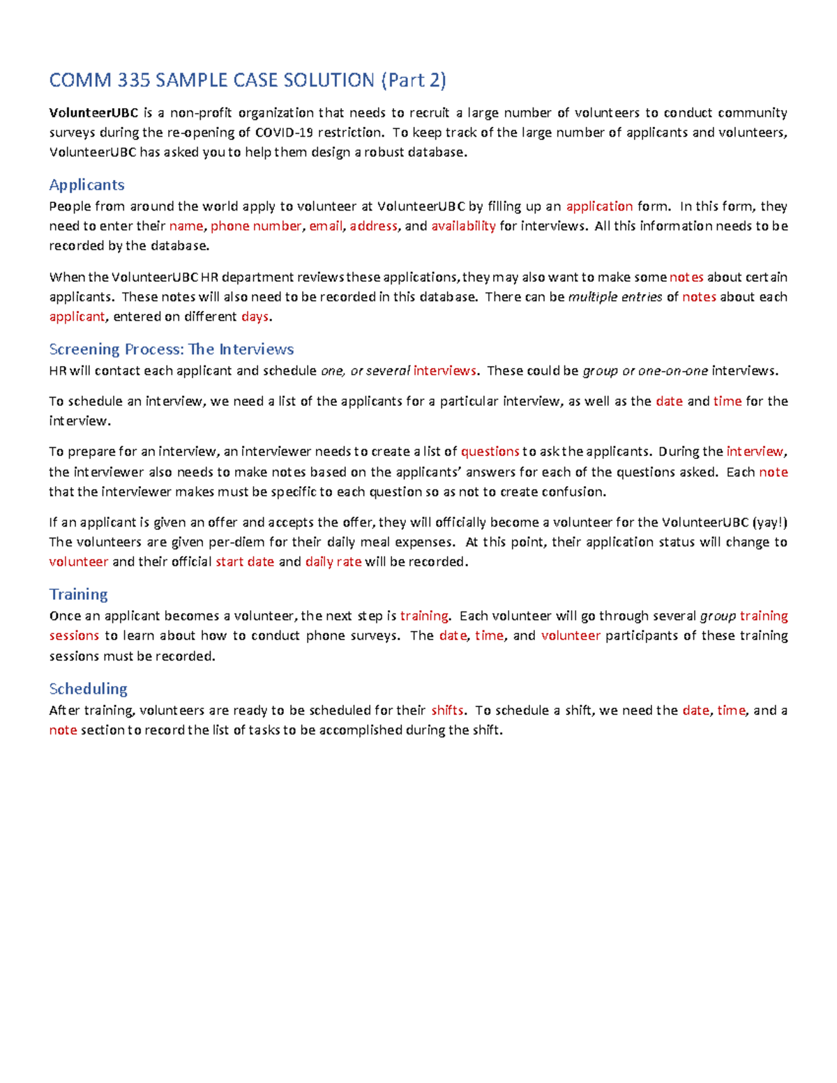 COMM 335 Sample Case Solution Part 2: Volunteer Recruitment Database ...