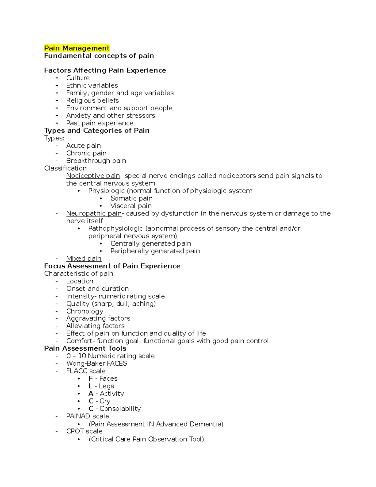 Pain Management - Lecture Notes for Lecture 1 (Fundamentals & Analysis ...