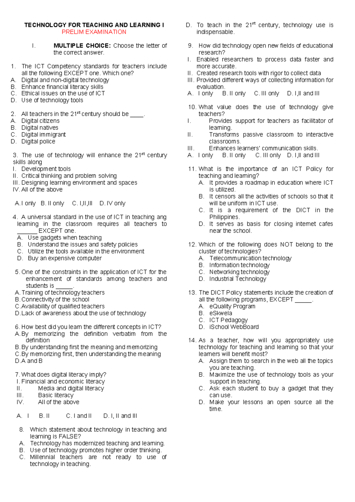TTL- Prelim Exam Review: ICT in Teaching & Learning Concepts - Studocu