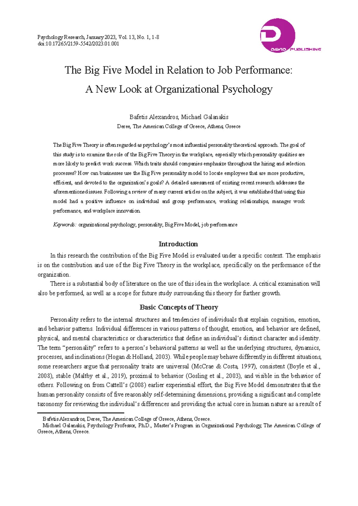 The Big Five Model and Job Performance: Insights from Organizational ...