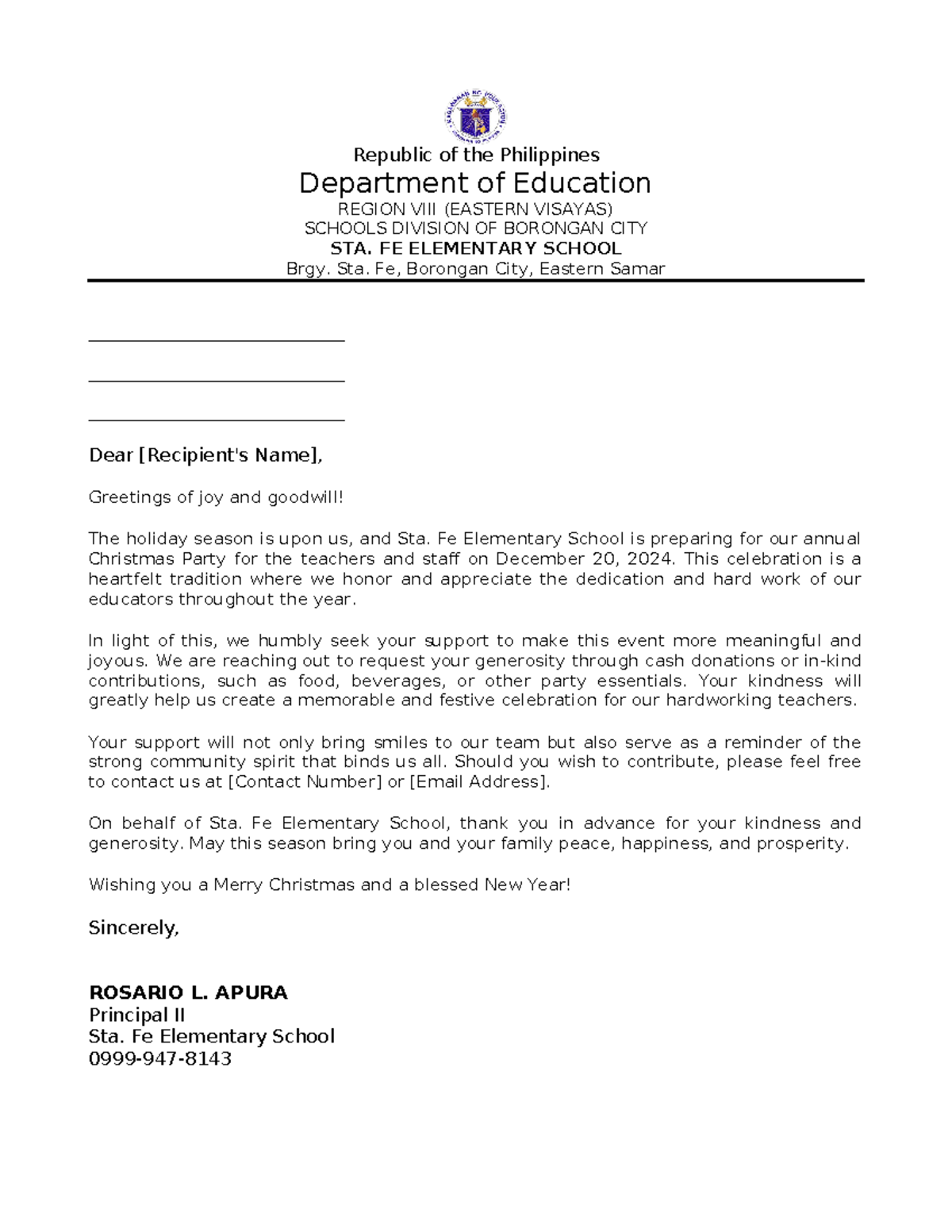 Solicitation Letter for Christmas Party - Sta. Fe Elementary School ...