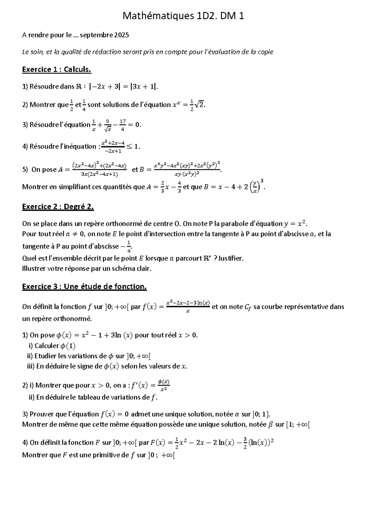 Corrigé DM 1 - Mathématiques 1D2: Devoir Maison et Solutions - Studocu