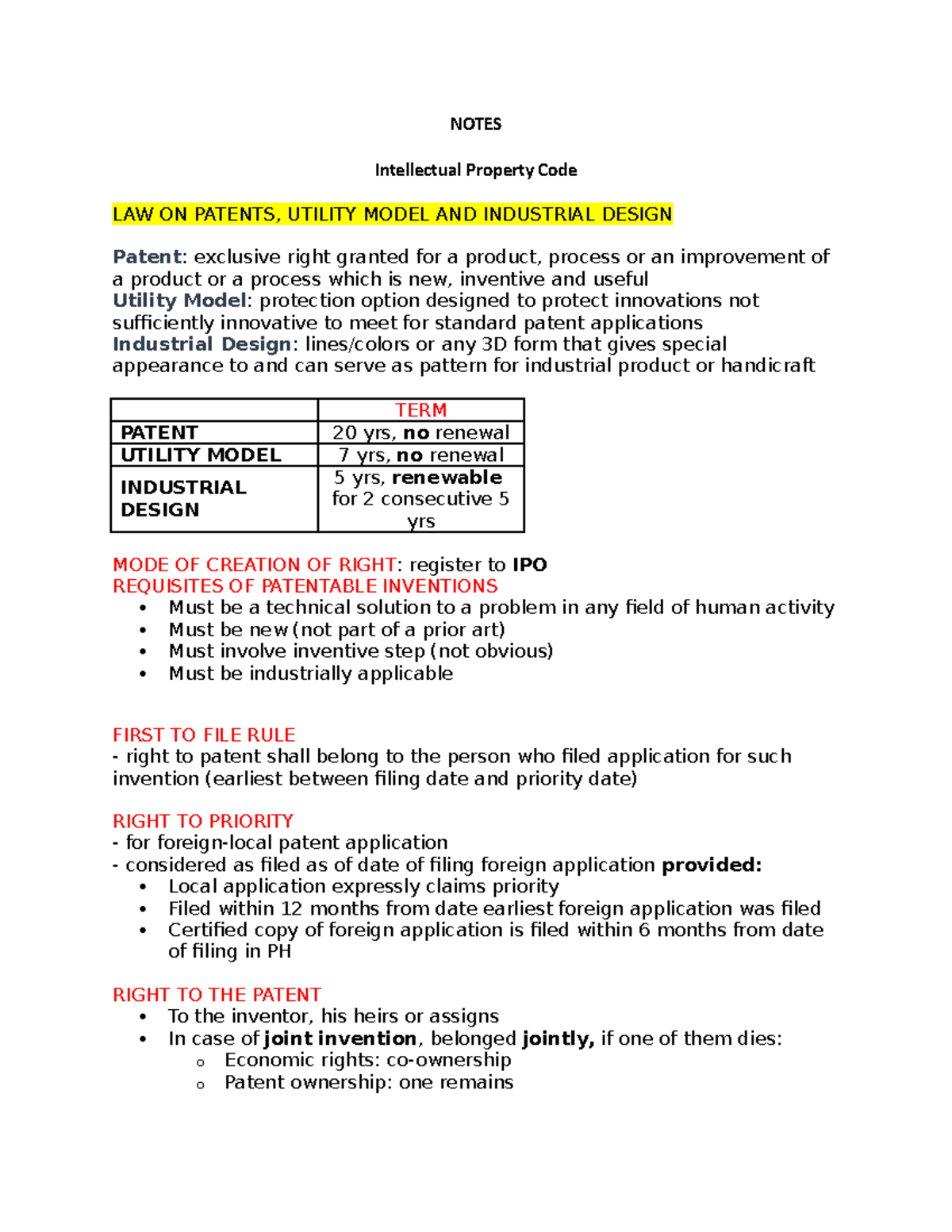 LAW 101: Intellectual Property Code Summary and Key Concepts - Studocu