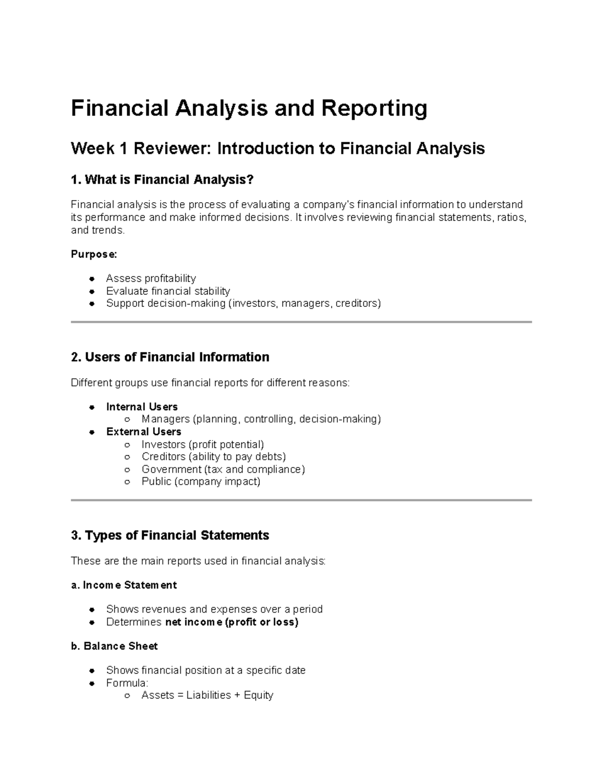 Financial Analysis and Reporting - Week 1 Overview - Studocu