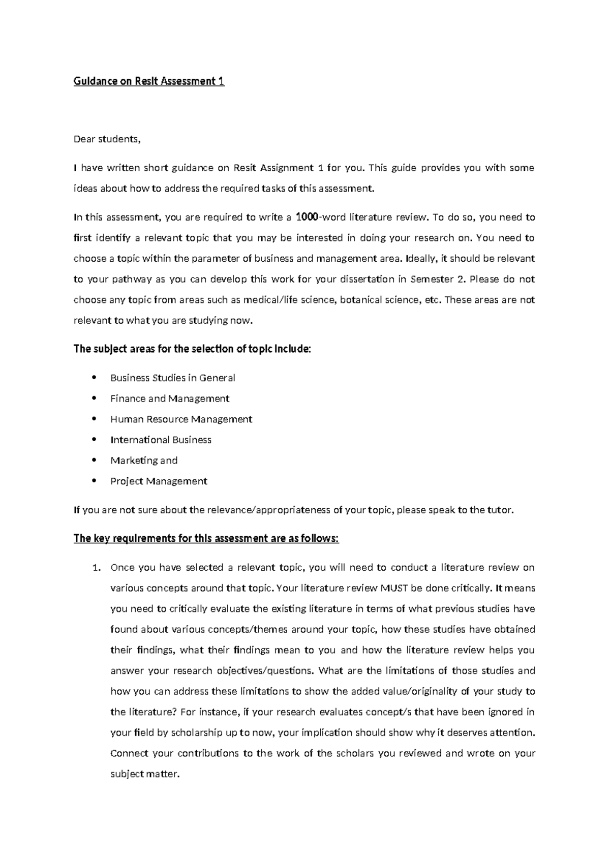 Guidance on Resit Assessment 1: Literature Review Tips for Dissertation ...