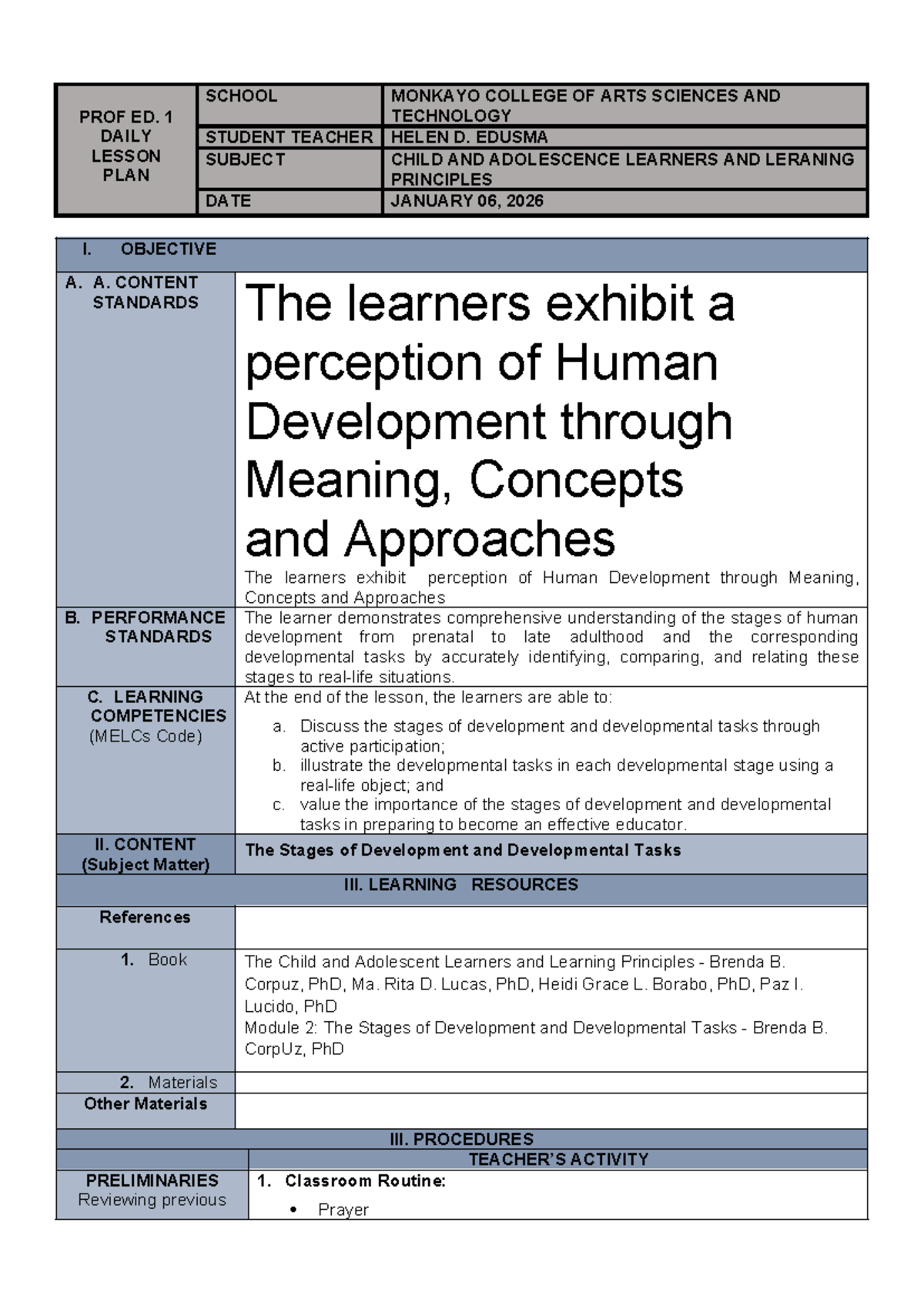 PROF ED. 1 Daily Lesson Plan: Understanding Human Development - Studocu