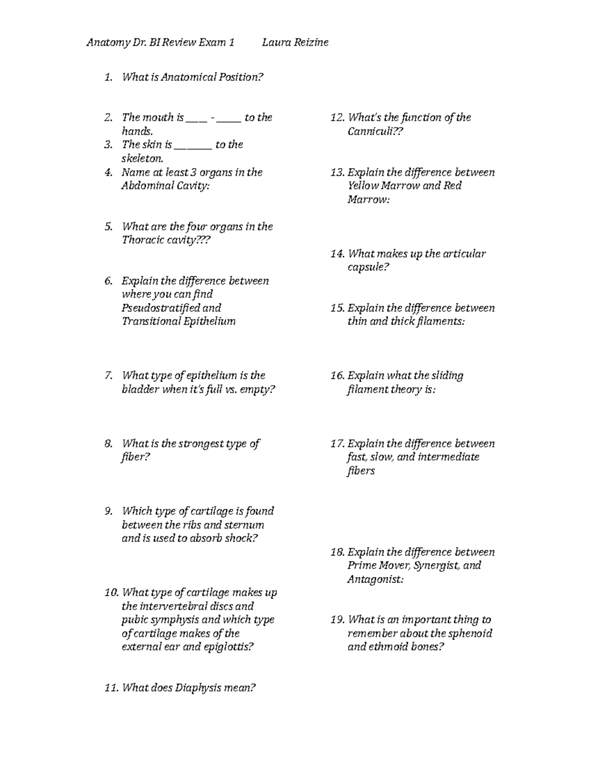 Anatomy BI 101 Exam 1 Review: Key Concepts and Questions - Studocu
