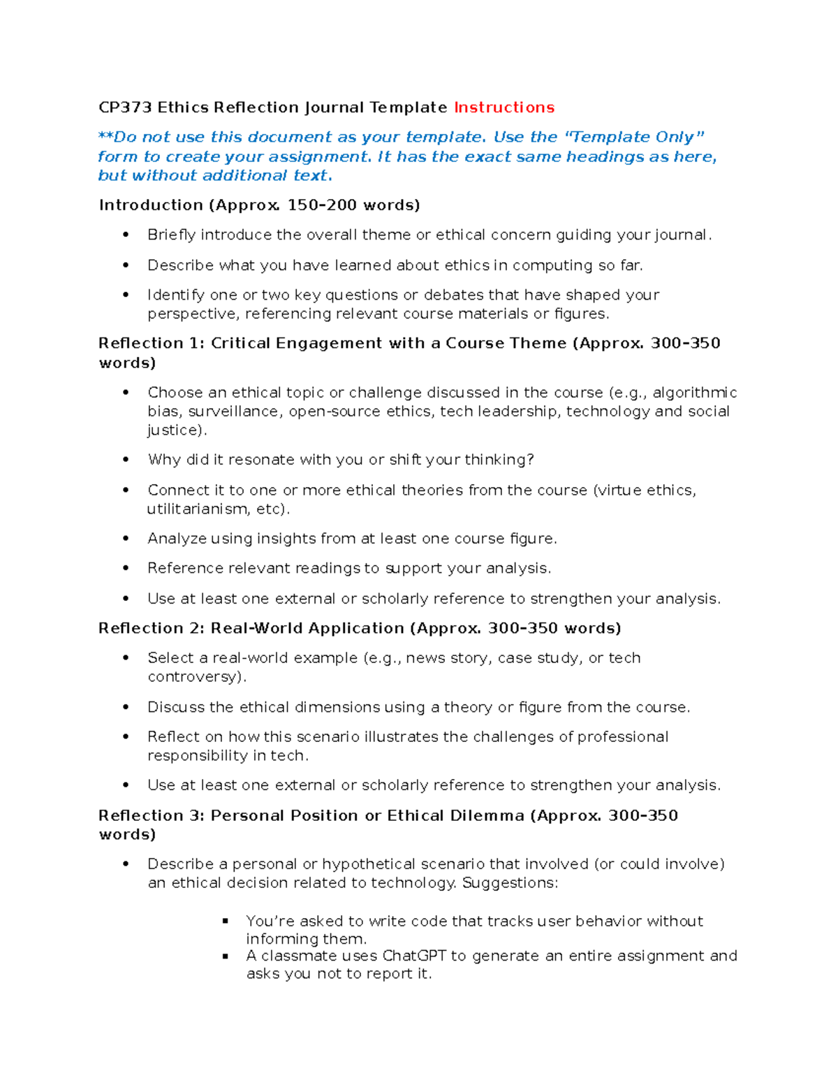 CP373 Ethics Reflection Journal: Template & Guidelines - Studocu