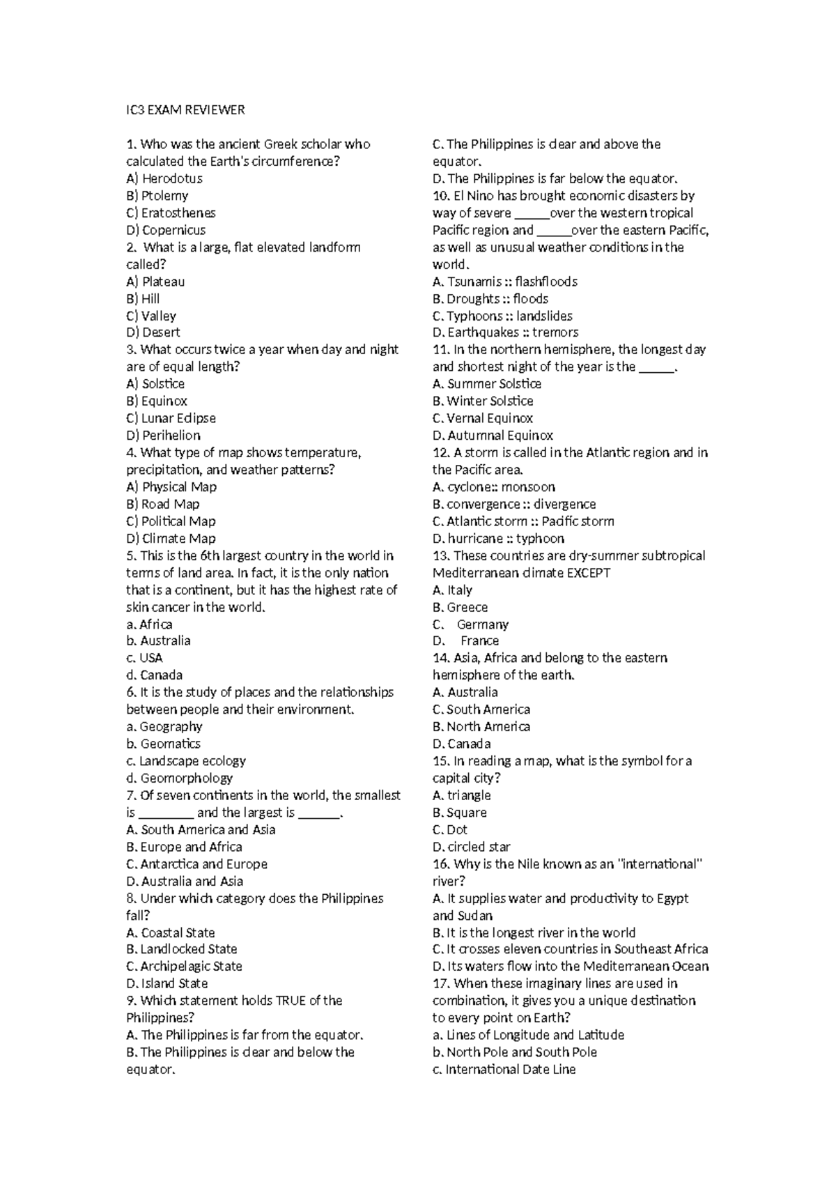 IC3 EXAM REVIEWER: Geography Concepts and Questions - Studocu