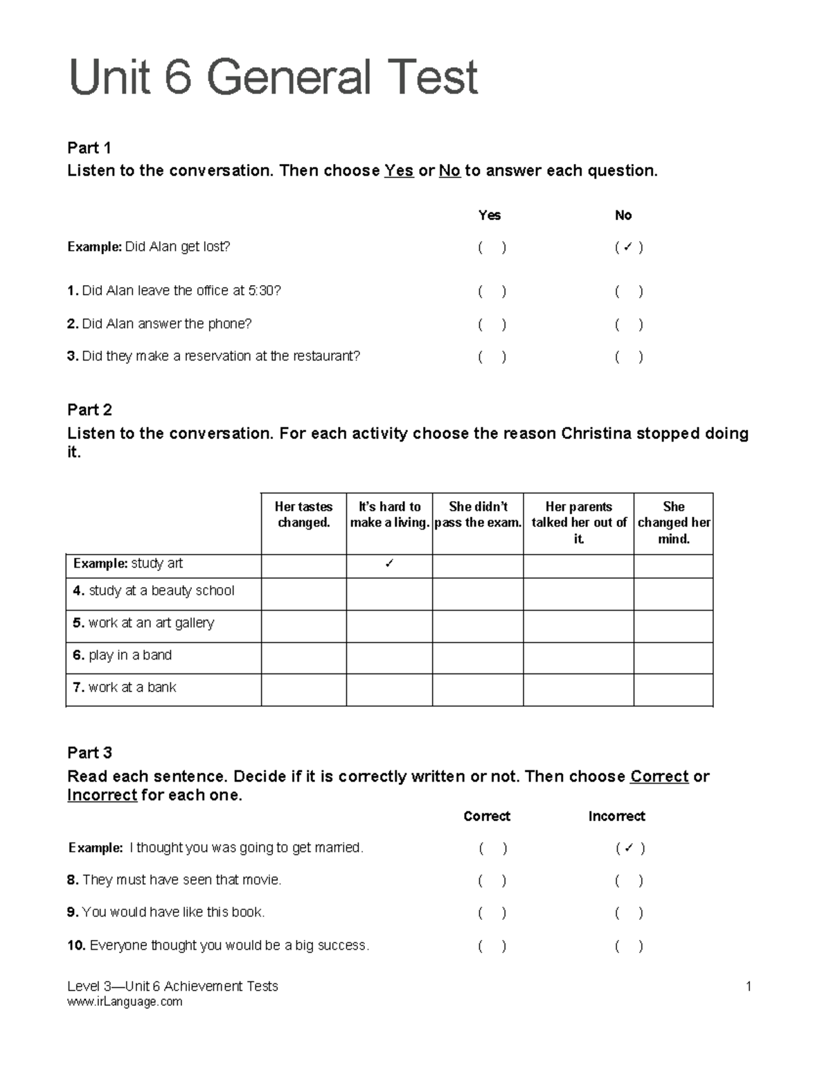 TN3 Level 3 Unit 6 Achievement Tests Assessment Guide - Studocu