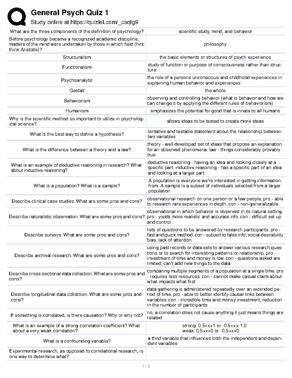 General Psych Quiz 1 Study Notes: Key Concepts & Definitions - Studocu