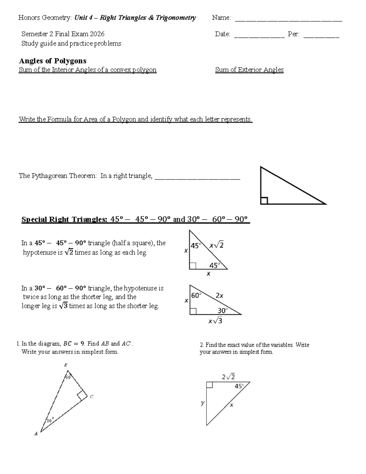 Honors Geometry: Unit 4 – Right Triangles & Trigonometry Study Guide ...