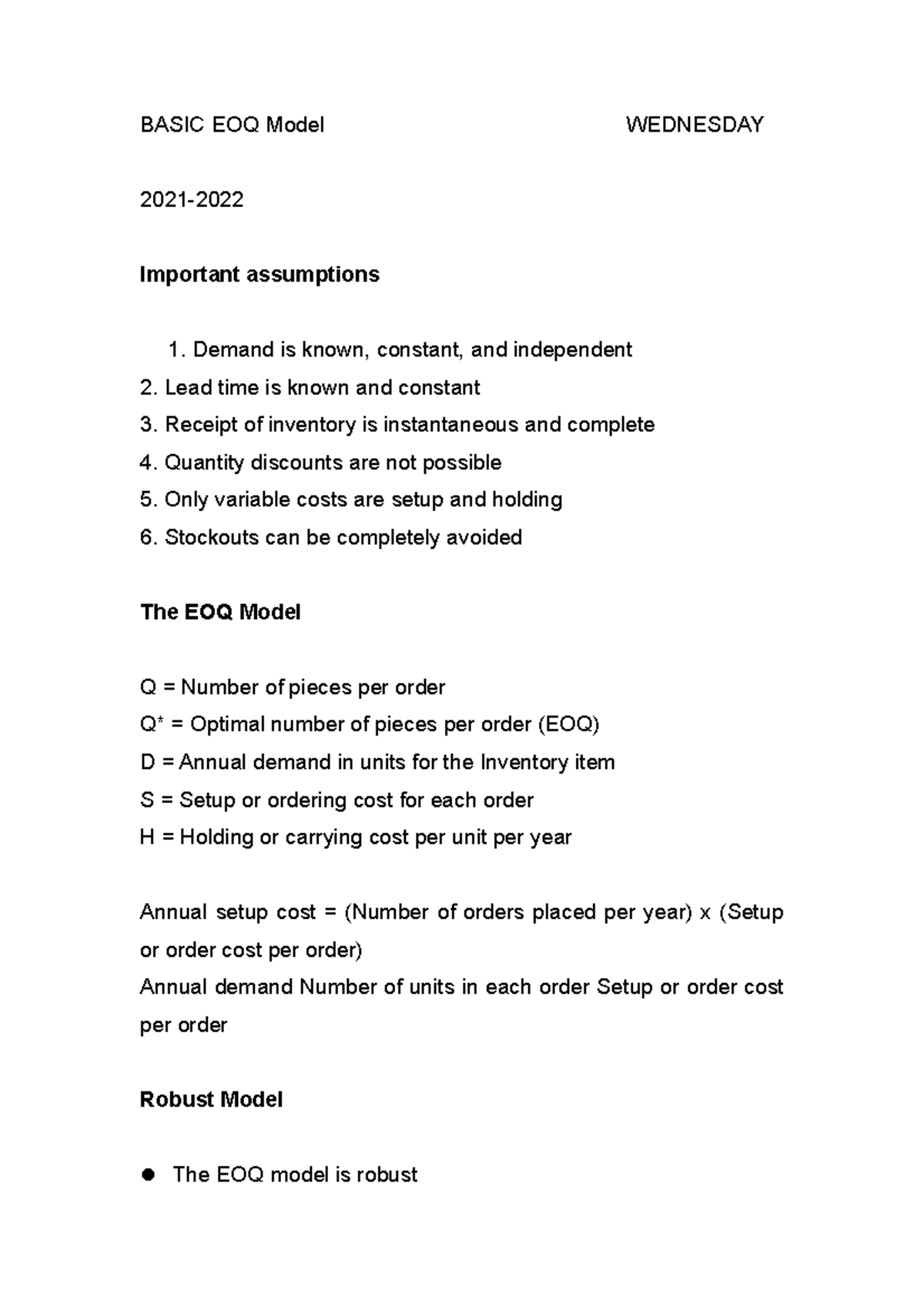 Basic EOQ Model Lecture Notes - BASIC EOQ Model WEDNESDAY 2021 ...