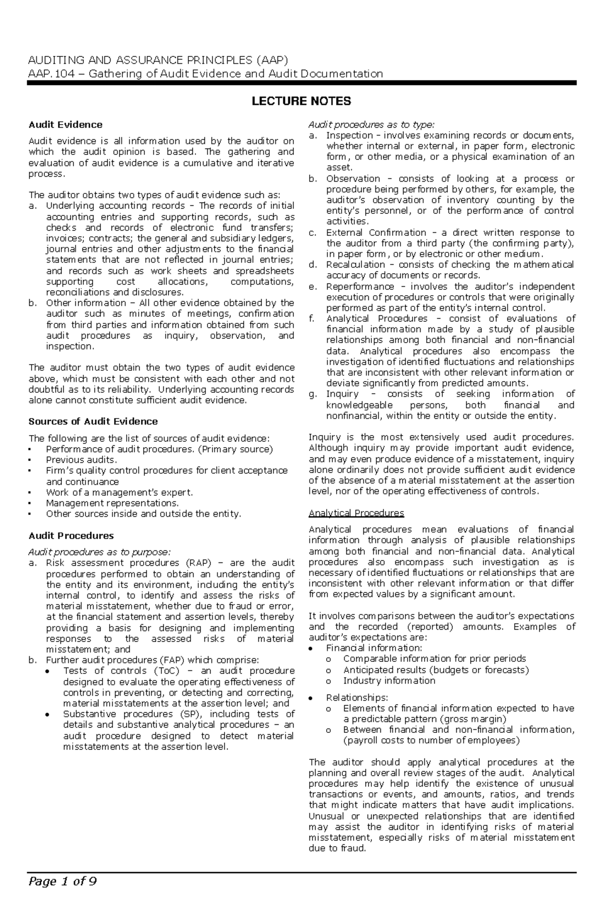 AAP.104 Gathering of Audit Evidence and Audit Documentation - AUDITING ...