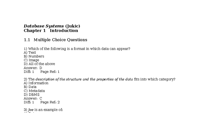 Database Systems (Jukic) Chapter 1: Intro MCQs and Key Concepts - Studocu