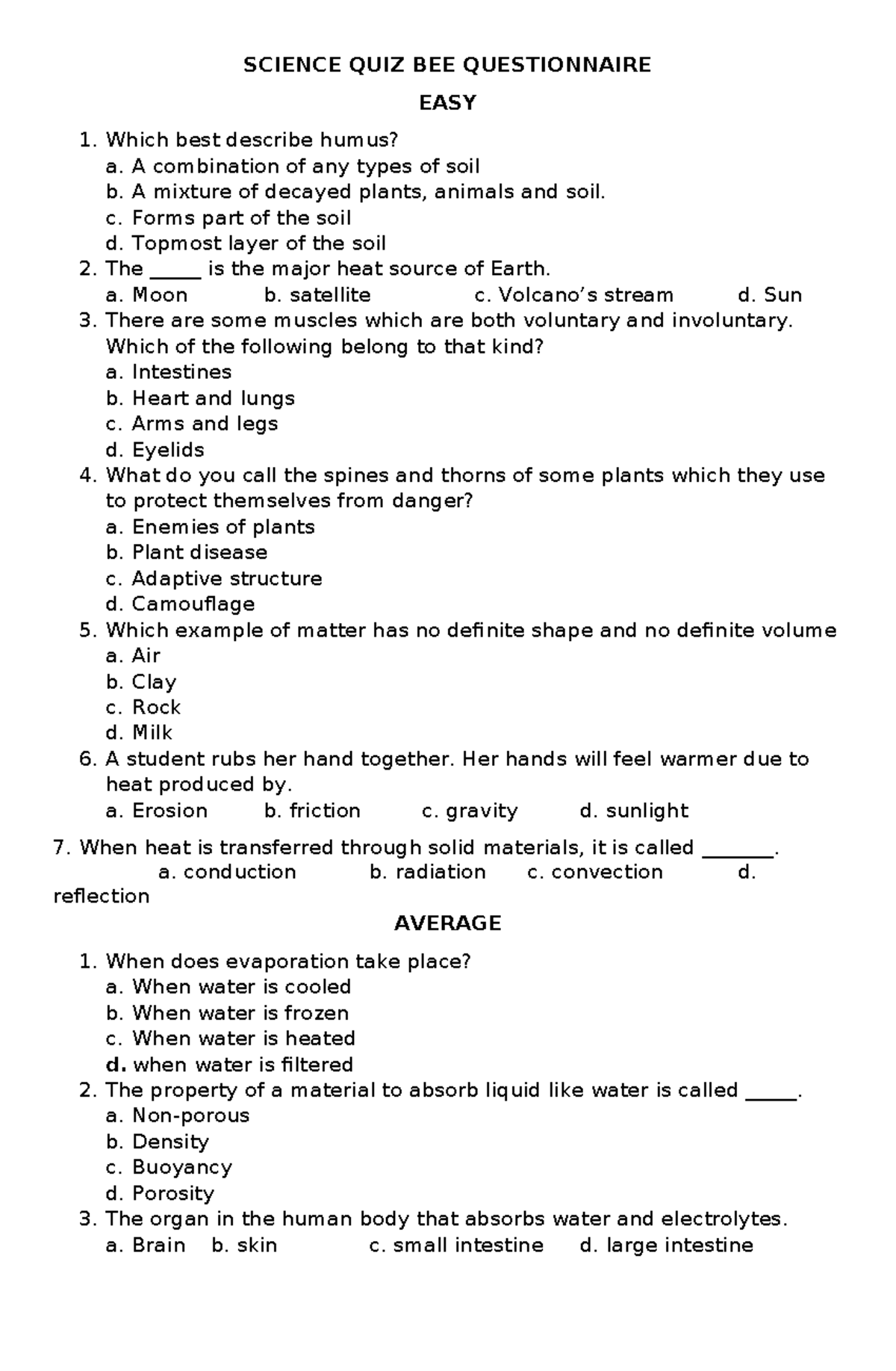 Grade 4 Science Quiz Bee Questionnaire: Easy Questions - Studocu