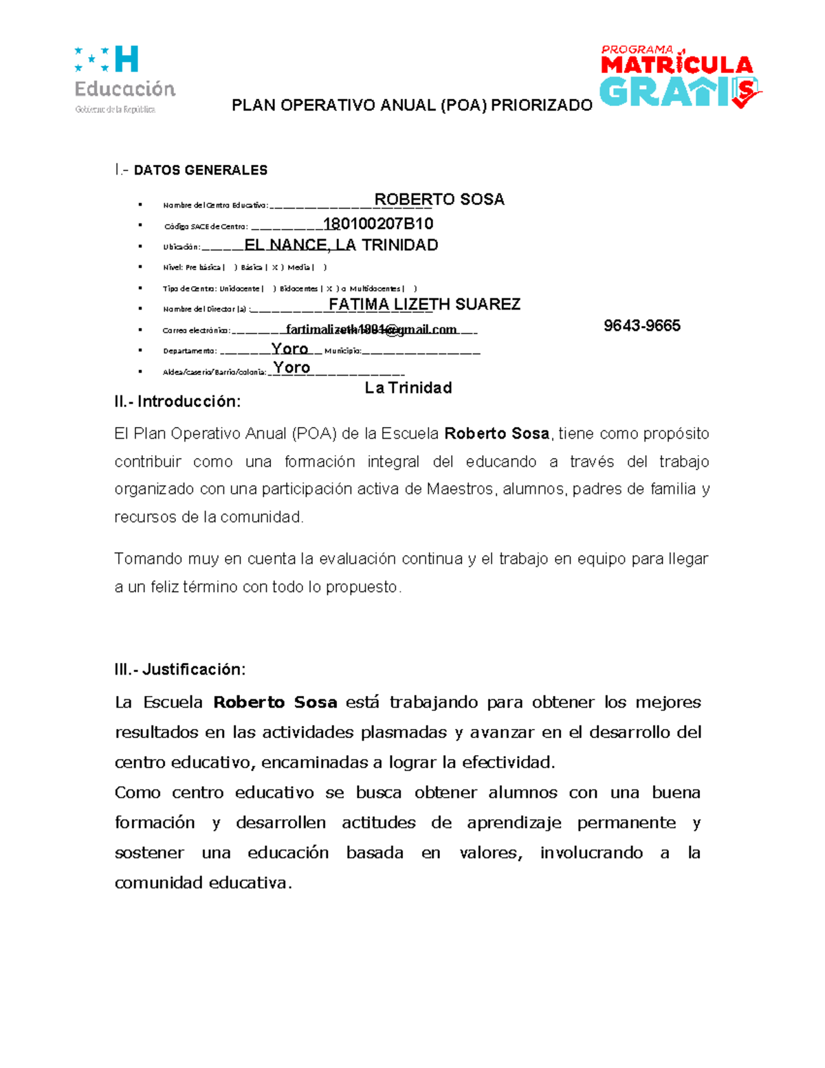PLAN OPERATIVO ANUAL (POA) ESC. ROBERTO SOSA - DATOS GENERALES - Studocu
