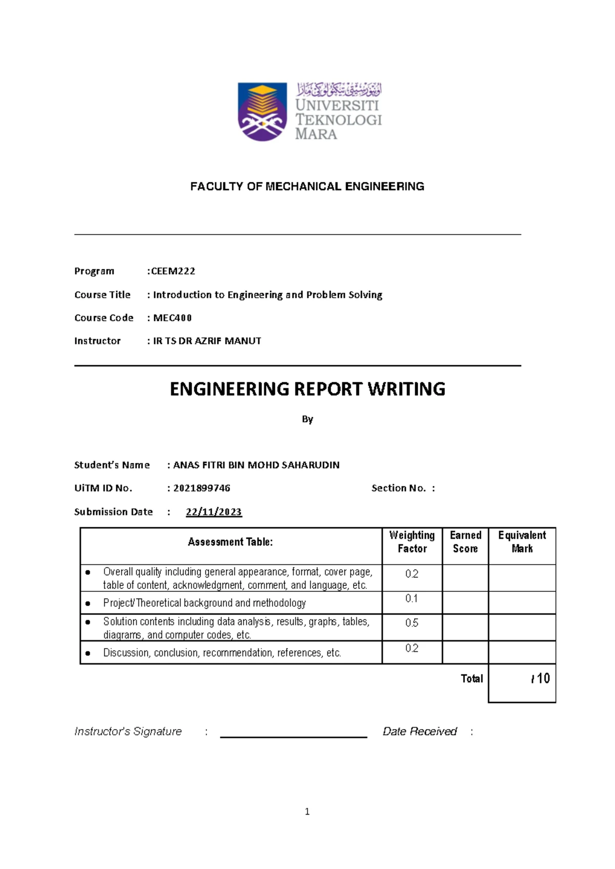 Lab Report 2: Introduction to Engineering Using MS Word (MEC400) - Studocu