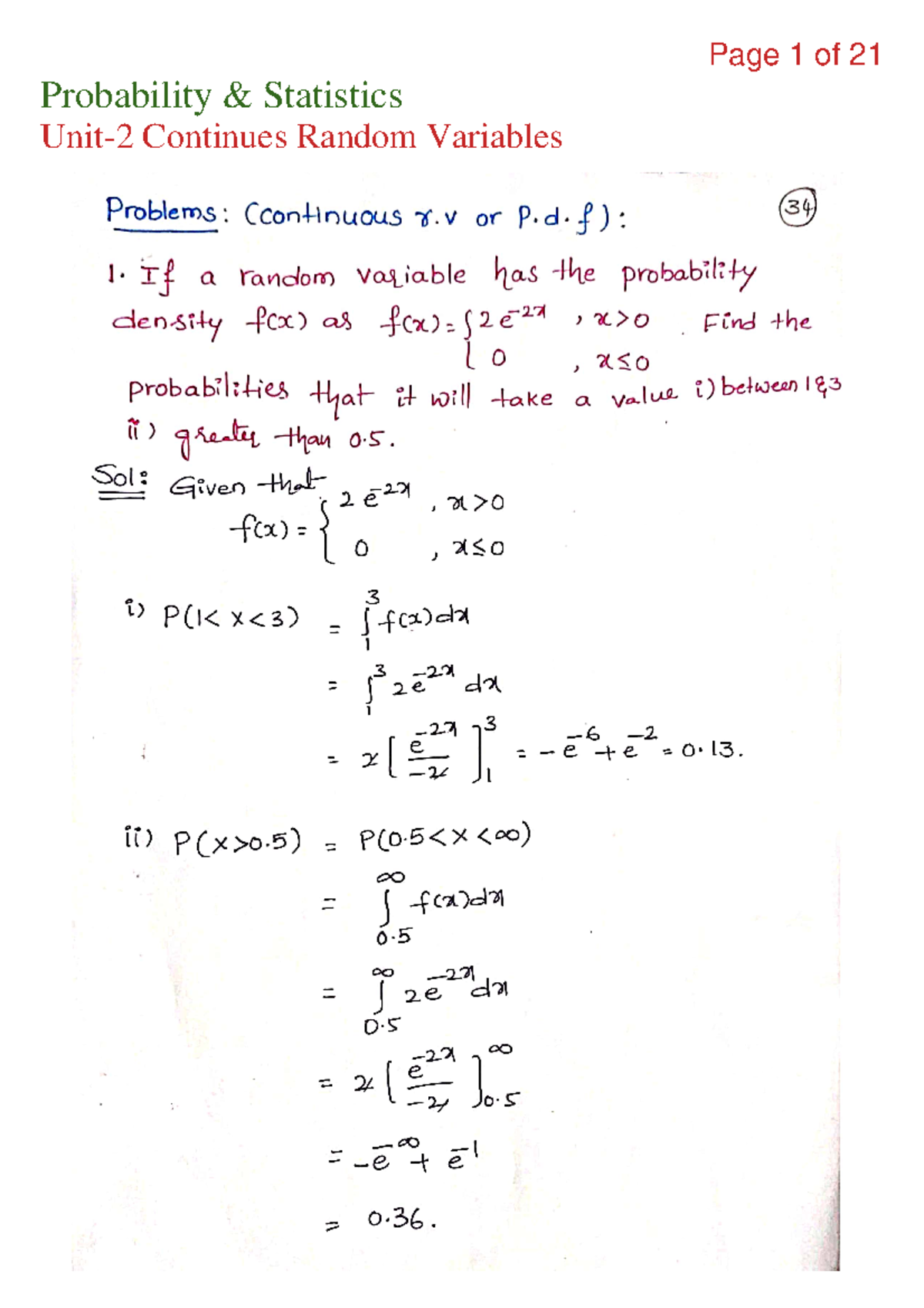 M-I Unit-2 Lecture Notes on Continuous Random Variables - Studocu