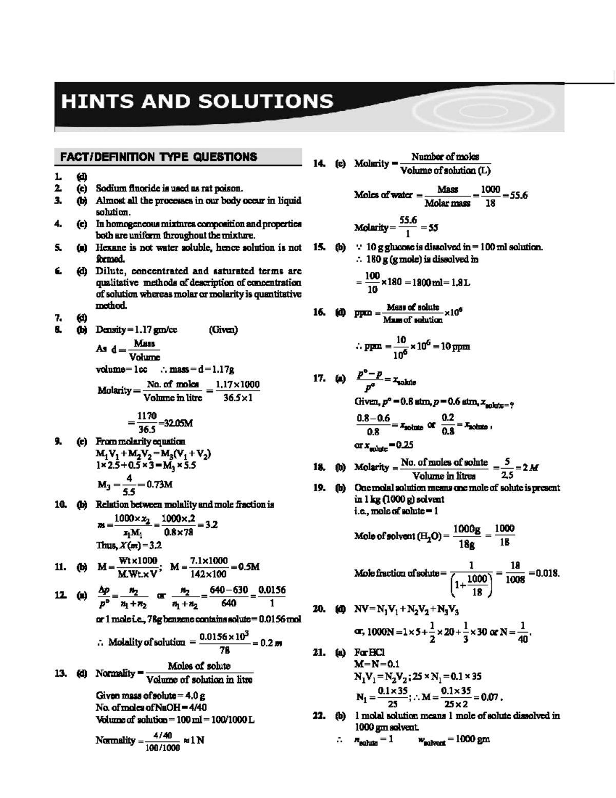 HINTS & SOLUTIONS: Molarity & Moles - Key for Exam 30-12 - Studocu