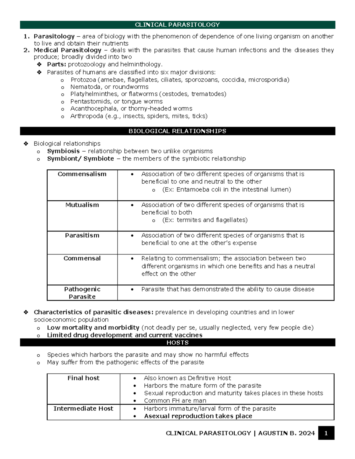 Clinical parasitology notes (CLINICAL PARASITOLOGY AGUSTIN B. 2024 ...