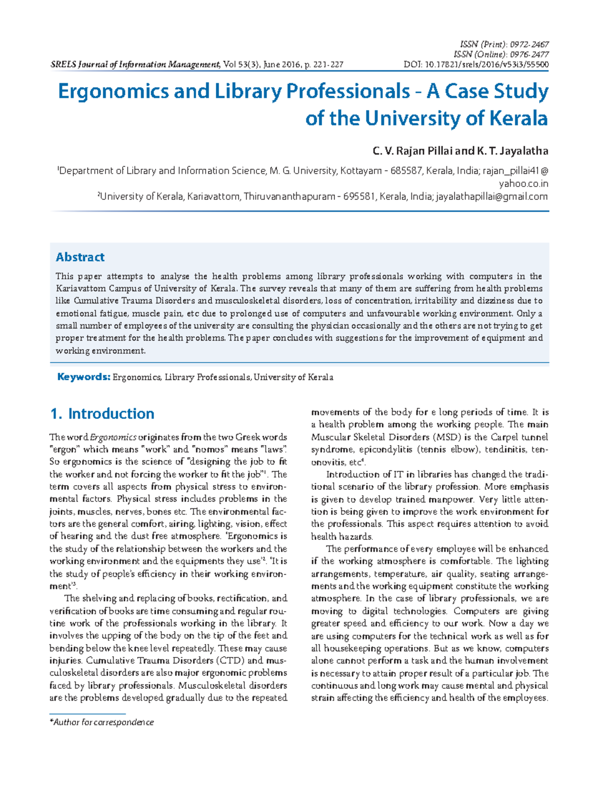 Ergonomics and Library Professionals pdf - Khoa Y - Studocu